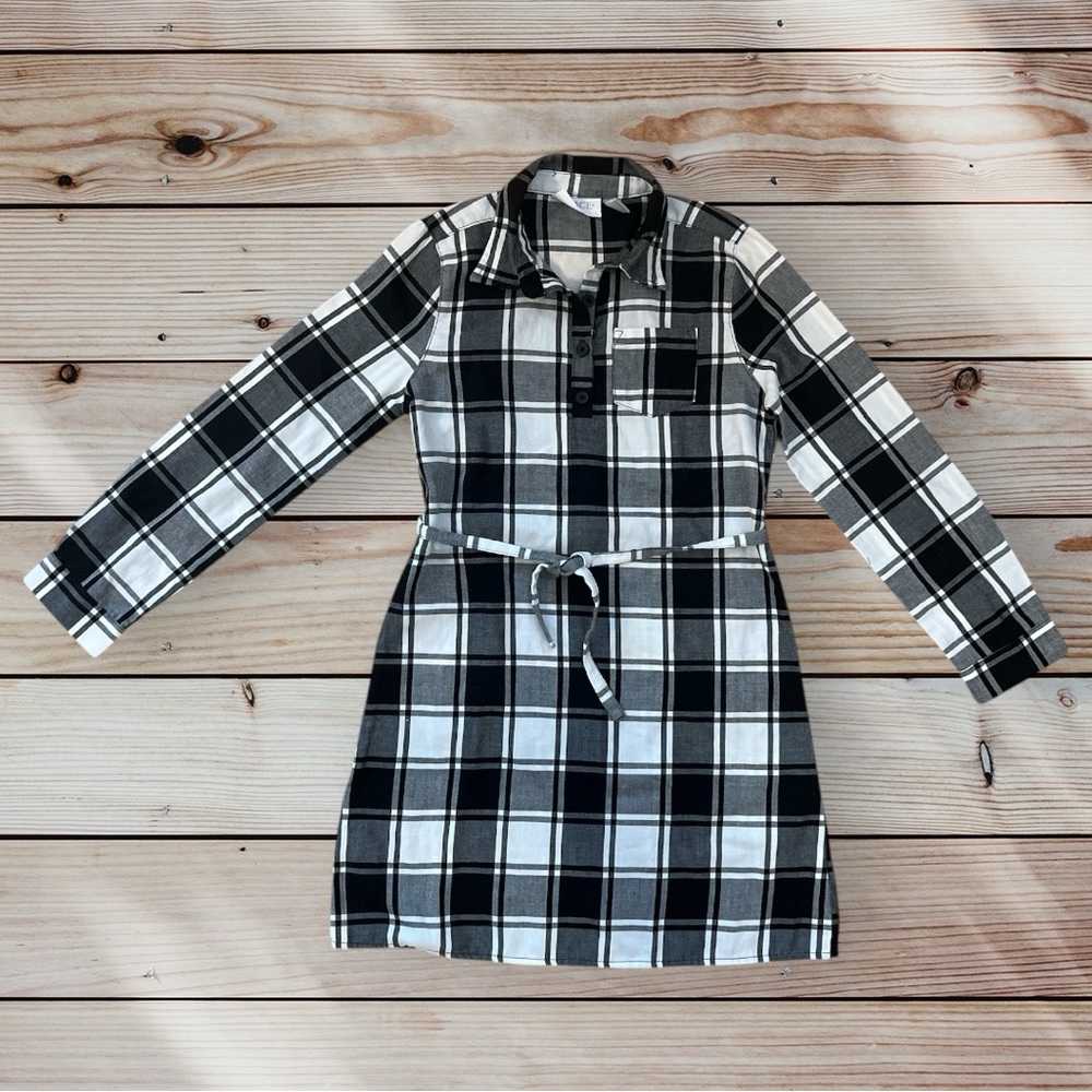 The Children' Place Girls Plaid Long Sleeve Dress with Belt Black White Size 7 8
